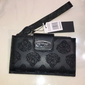 Ed Hardy Black Faux Leather Wristlet With Embossed Tiger Tattoo Wrist Strap NWT